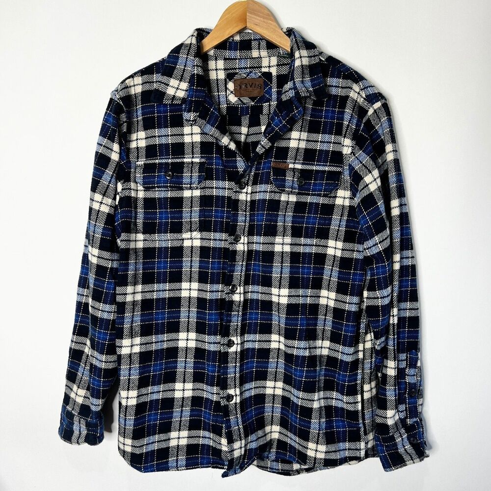 Orvis Flannel Shacket Blue White Plaid Thick Heavyweight Flannel Men's Large